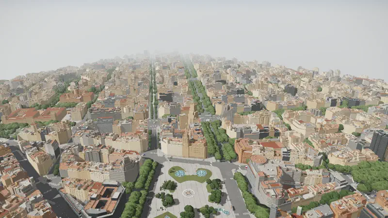 Aerial view over the Eixample grid of Barcelona