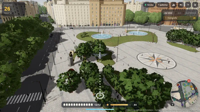 Flying down a Barcelona street with the game HUD, minimap and food bar